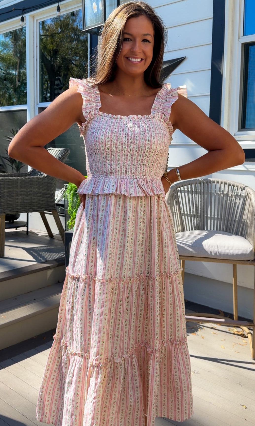 pink floral tiered maxi dress with smocked bodice and ruffle straps