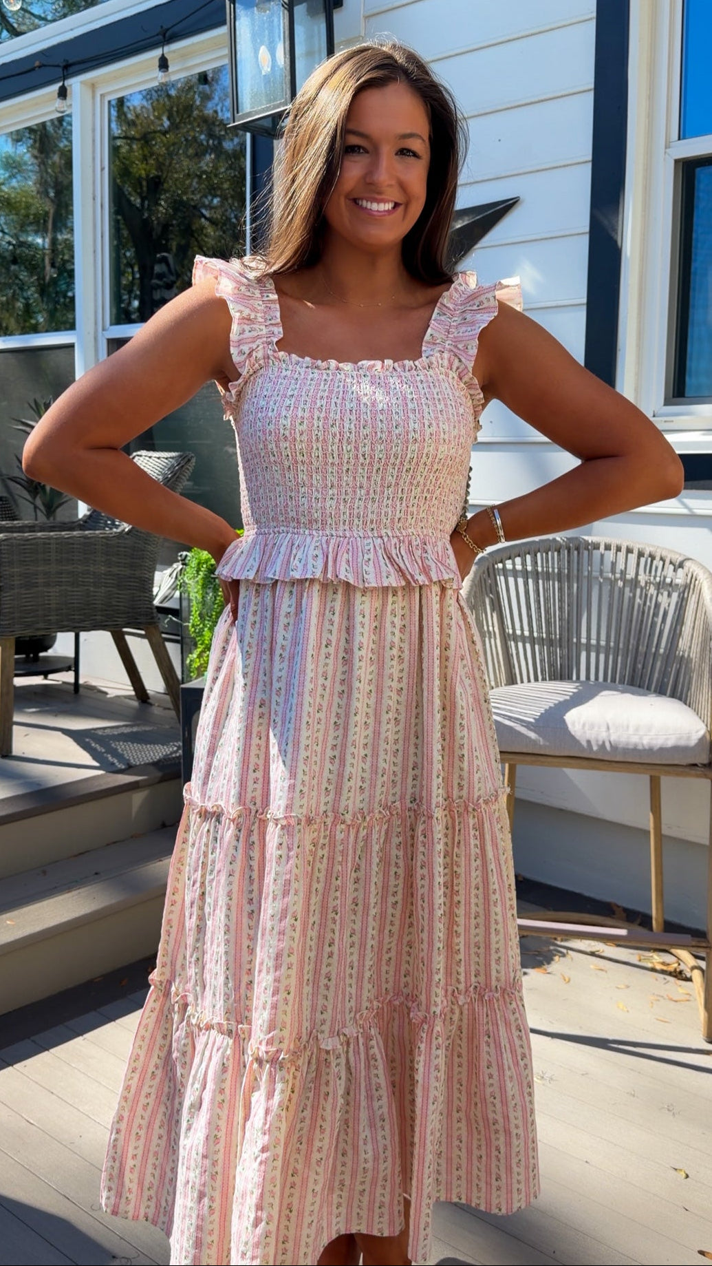 pink floral tiered maxi dress with smocked bodice and ruffle straps