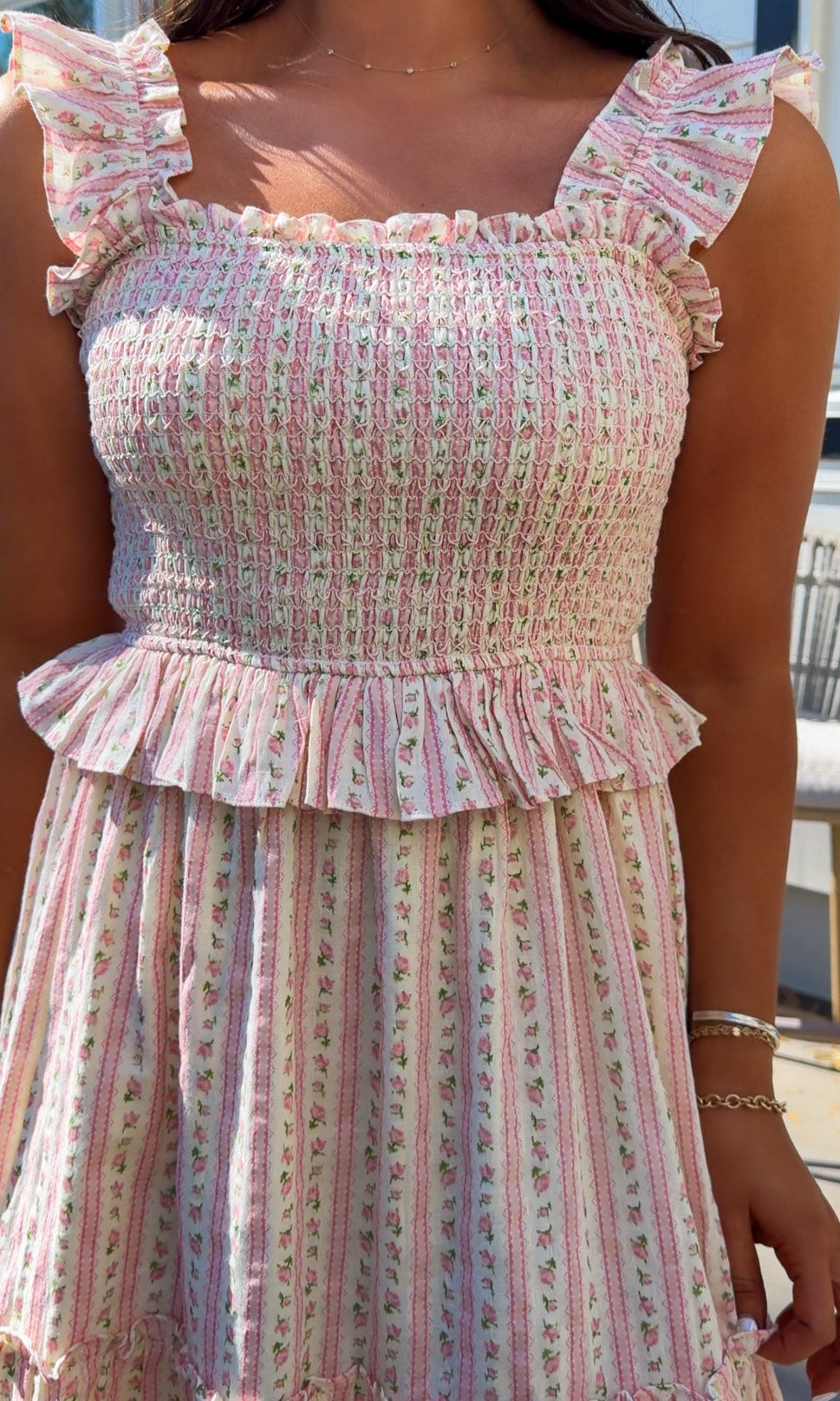 pink floral tiered maxi dress with smocked bodice and ruffle straps