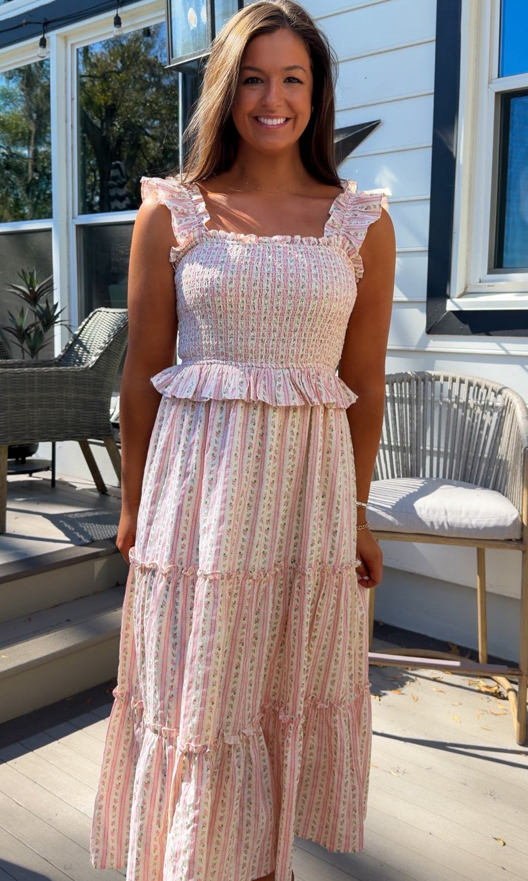 pink floral tiered maxi dress with smocked bodice and ruffle straps