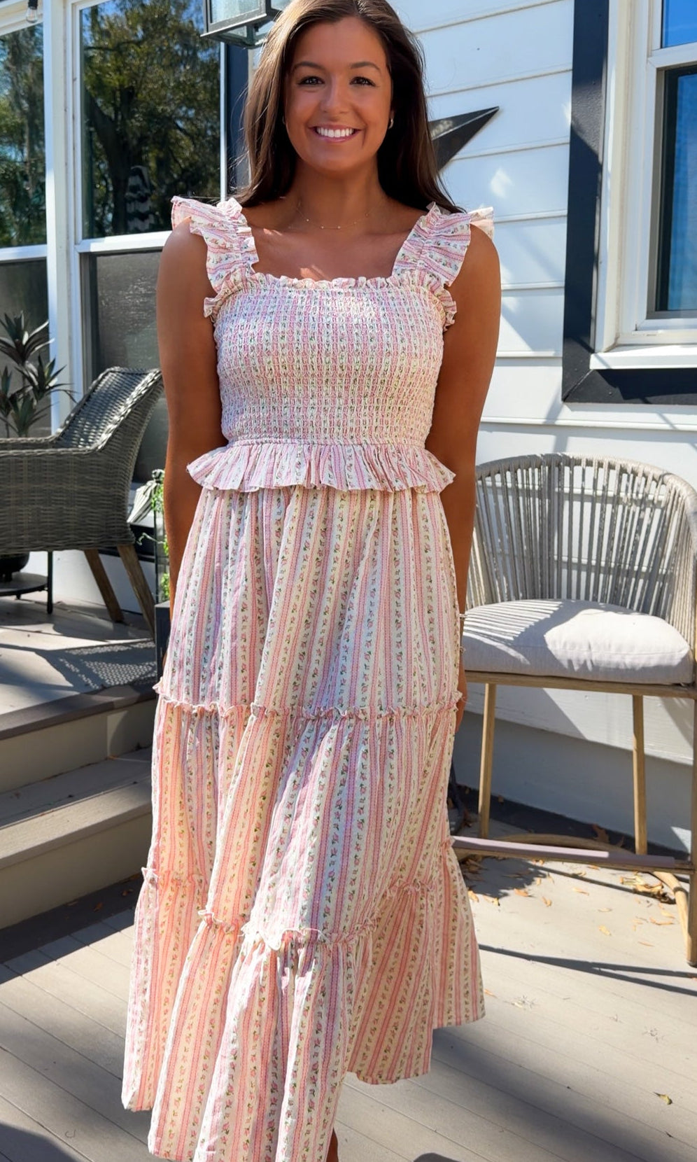 pink floral tiered maxi dress with smocked bodice and ruffle straps