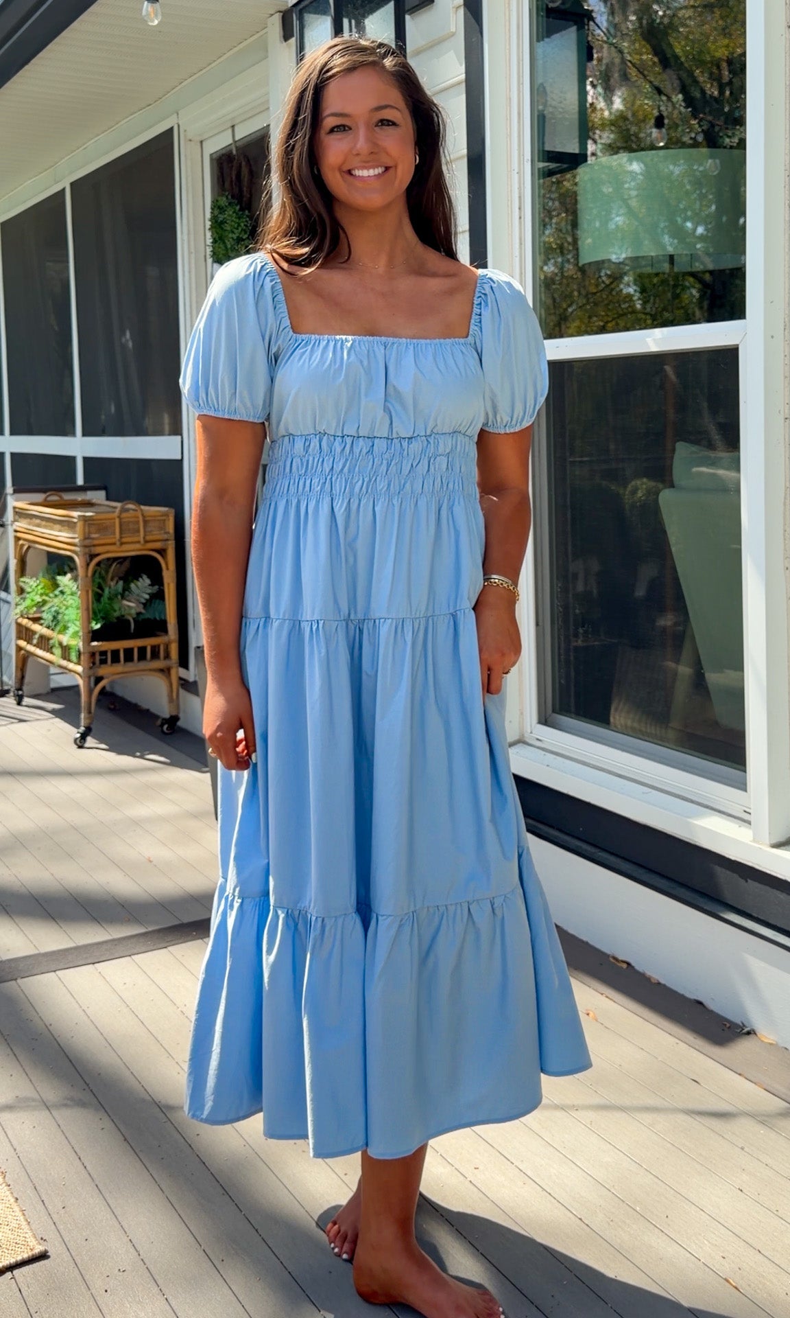 baby blue puff sleeve midi dress with square neckline smocked waist and tiered skirt