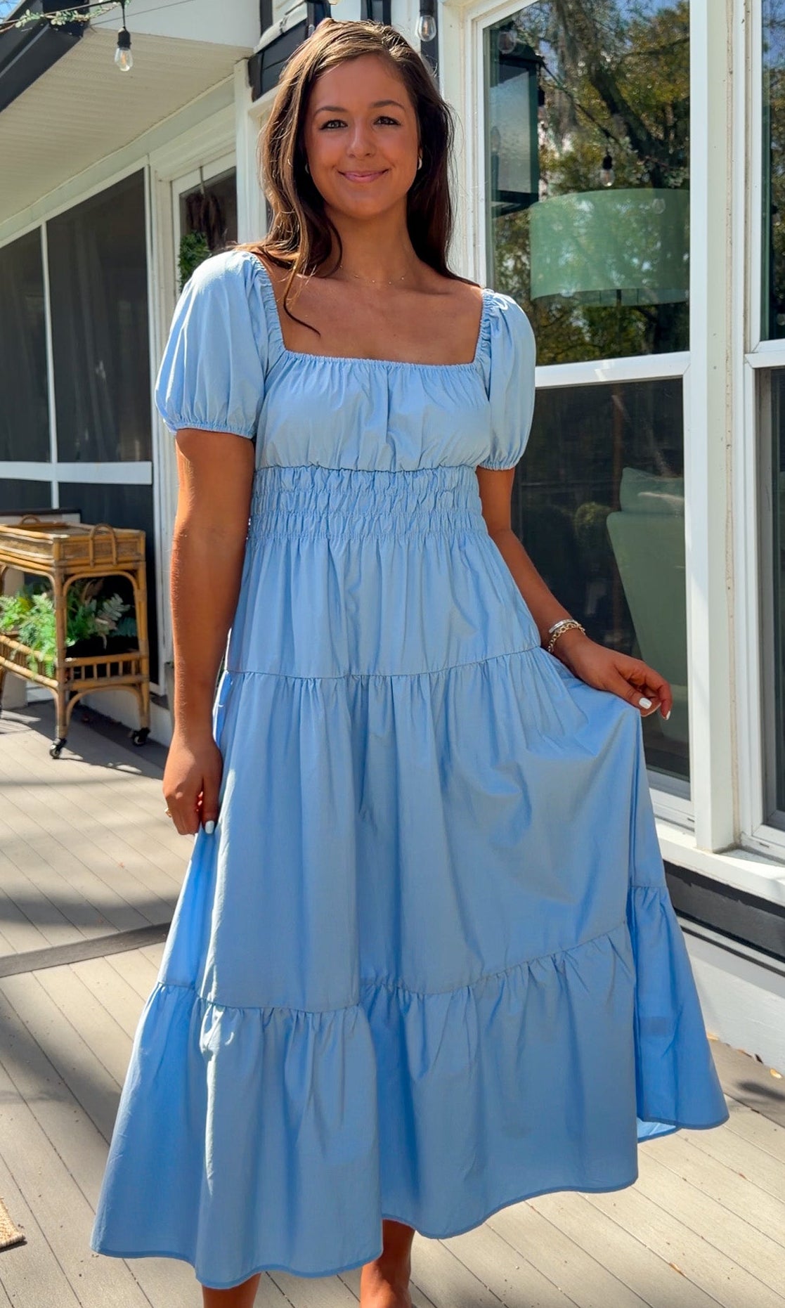 baby blue puff sleeve midi dress with square neckline smocked waist and tiered skirt