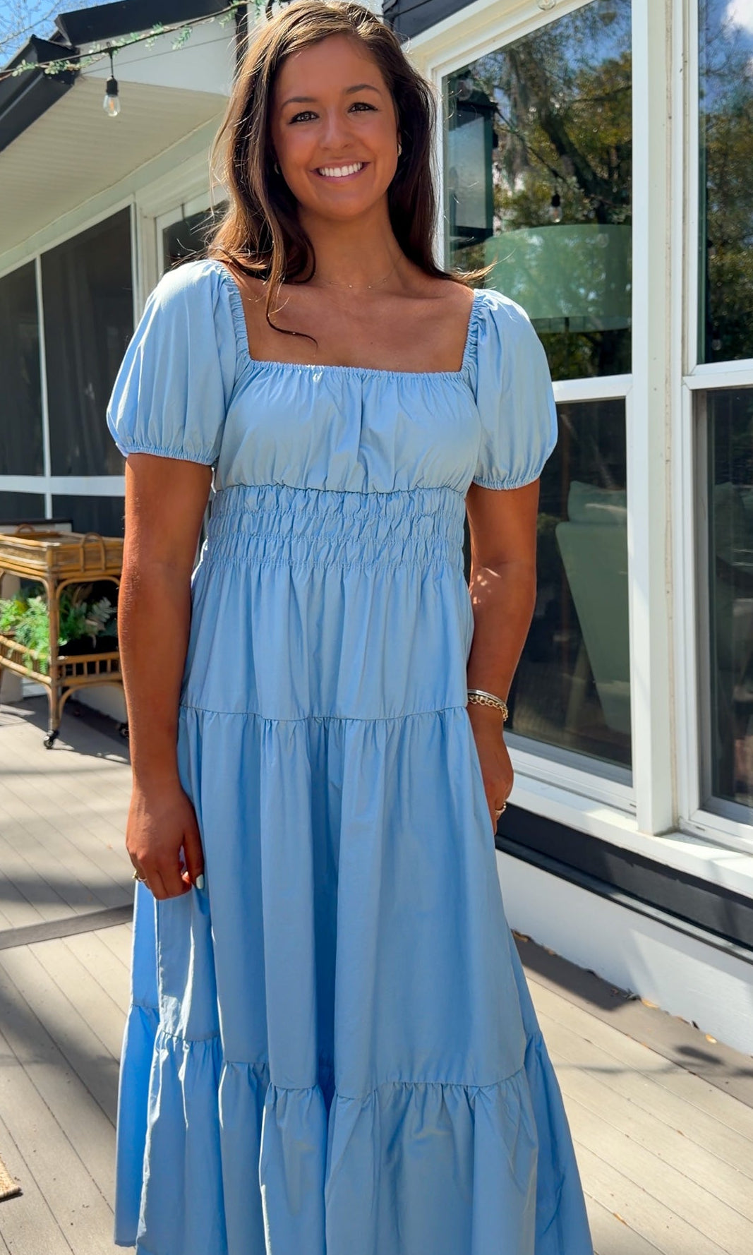 baby blue puff sleeve midi dress with square neckline smocked waist and tiered skirt