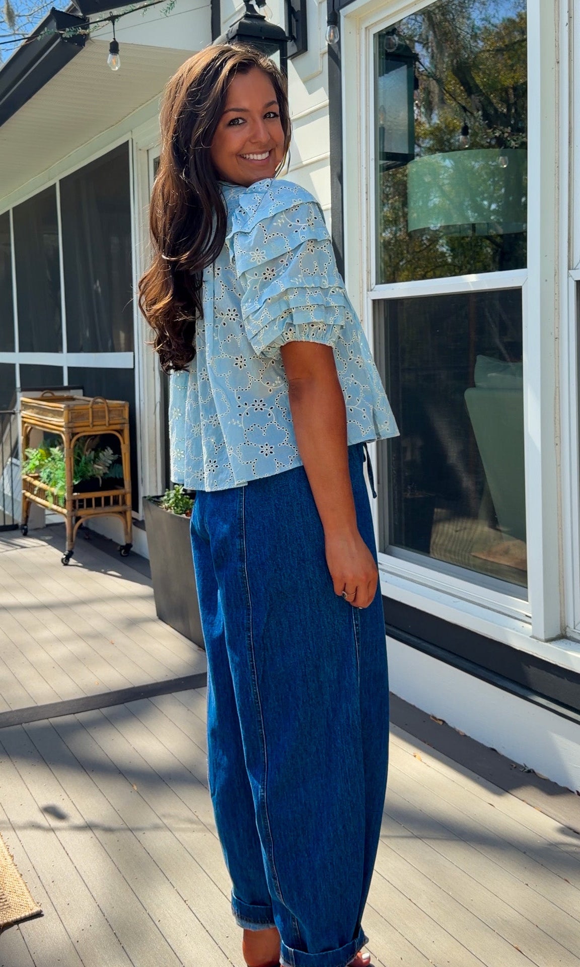 wide leg barrel denim pants with elastic drawstring waistband and front seam detail in medium wash