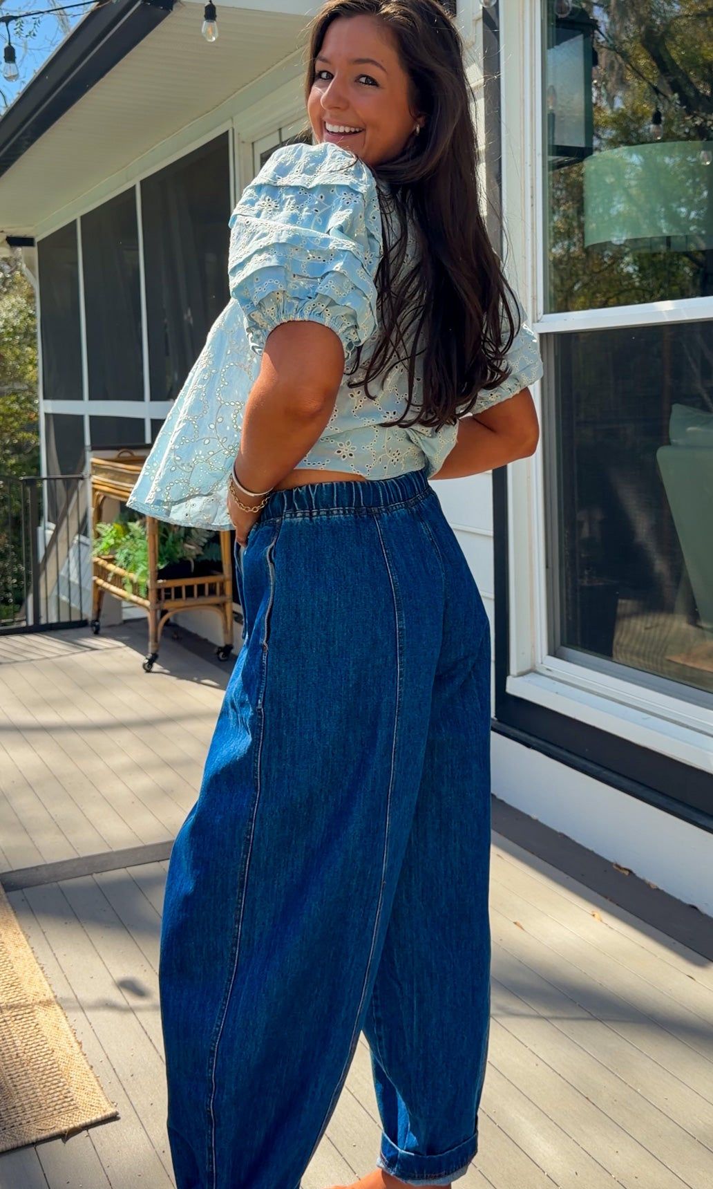 wide leg barrel denim pants with elastic drawstring waistband and front seam detail in medium wash