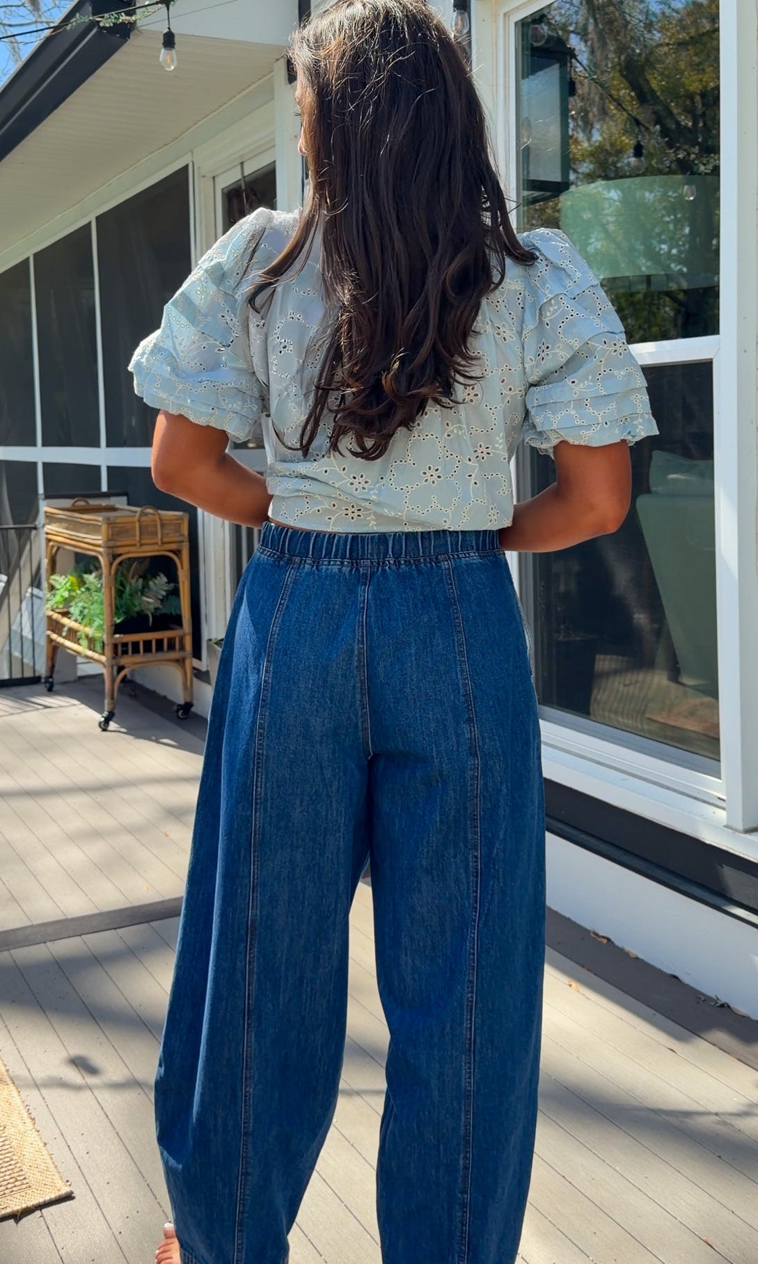 wide leg barrel denim pants with elastic drawstring waistband and front seam detail in medium wash