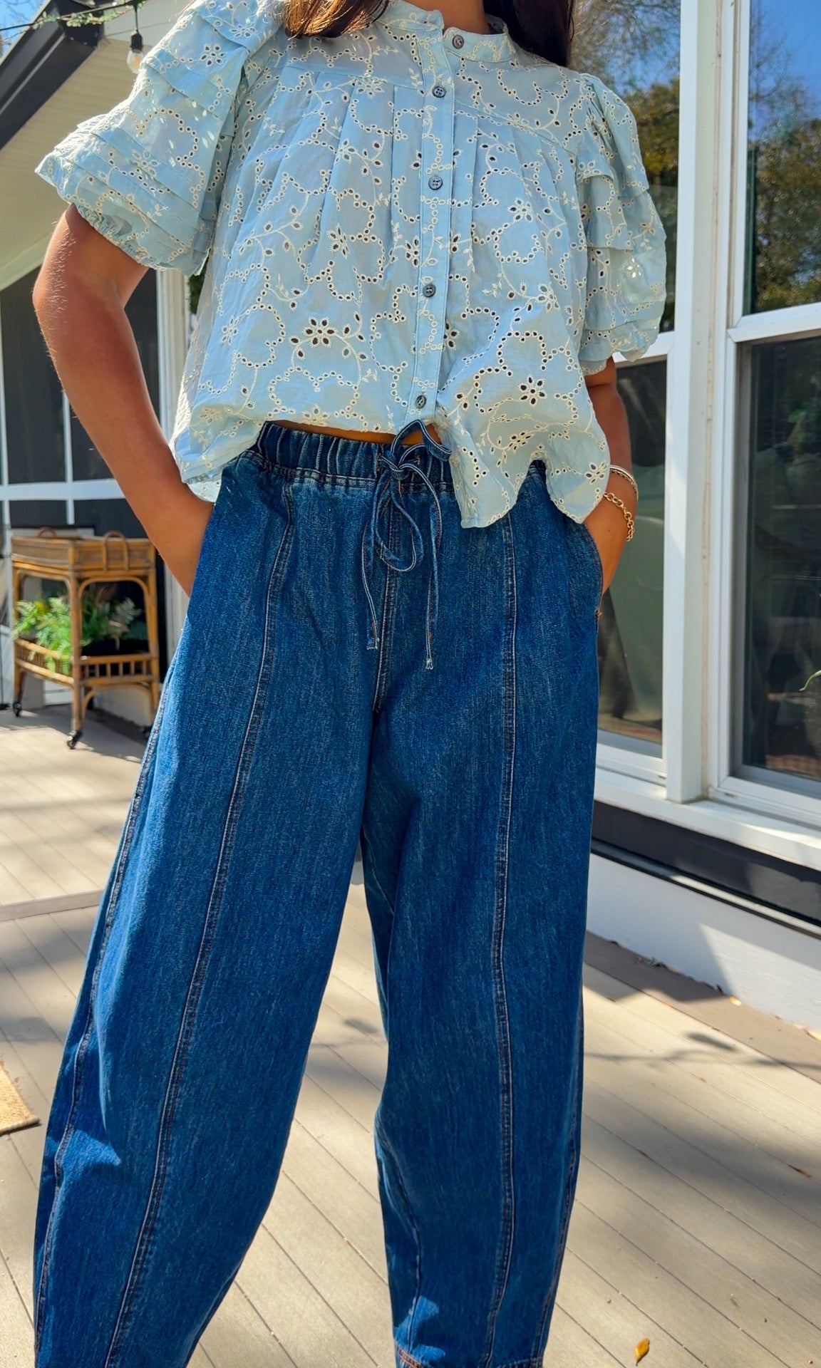 wide leg barrel denim pants with elastic drawstring waistband and front seam detail in medium wash