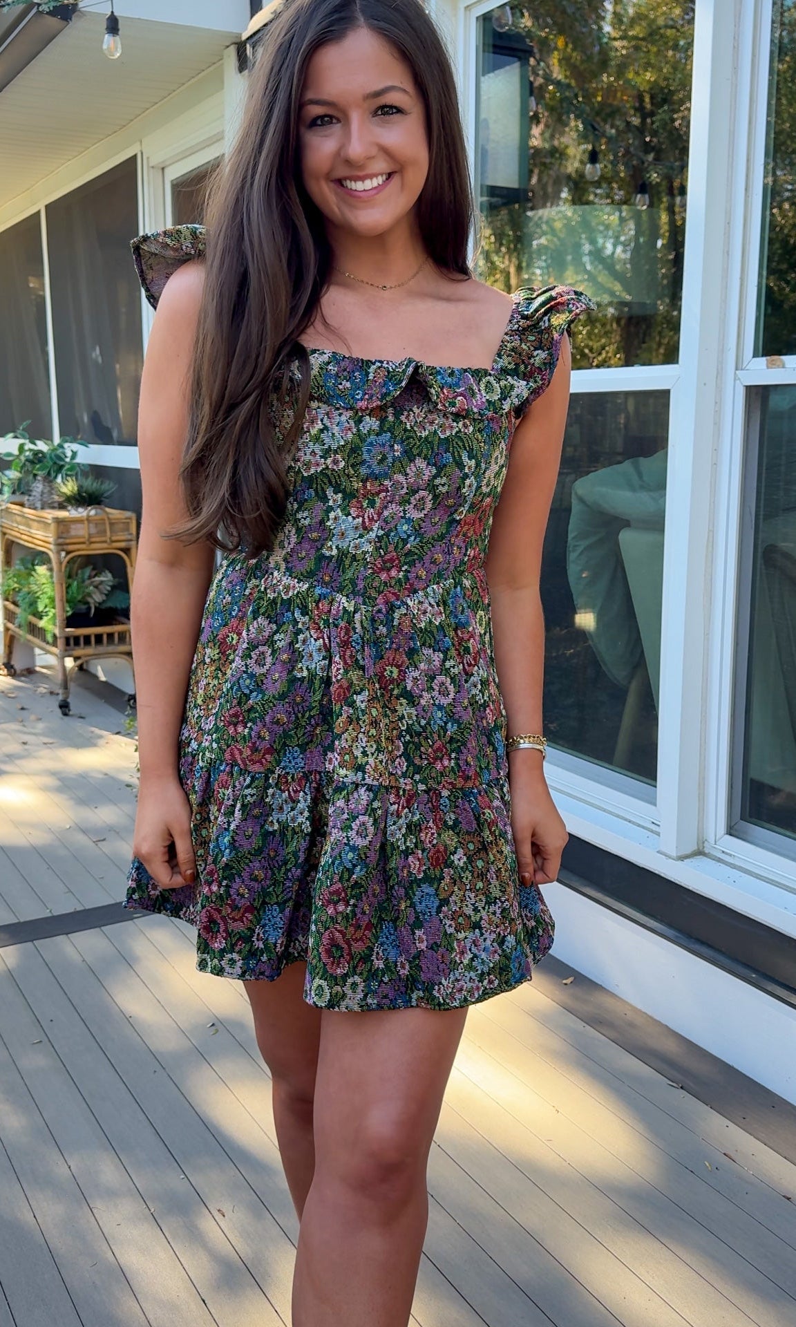 floral jaquard mini dress with ruffle and flutter sleeve front 1