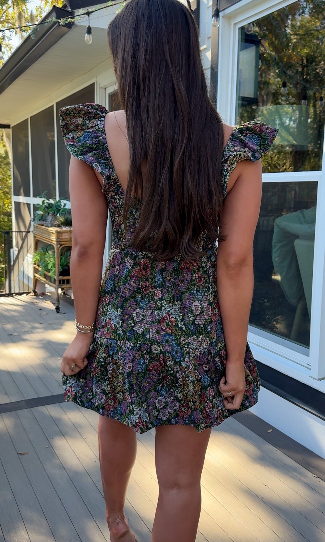 floral jaquard mini dress with ruffle and flutter sleeve back