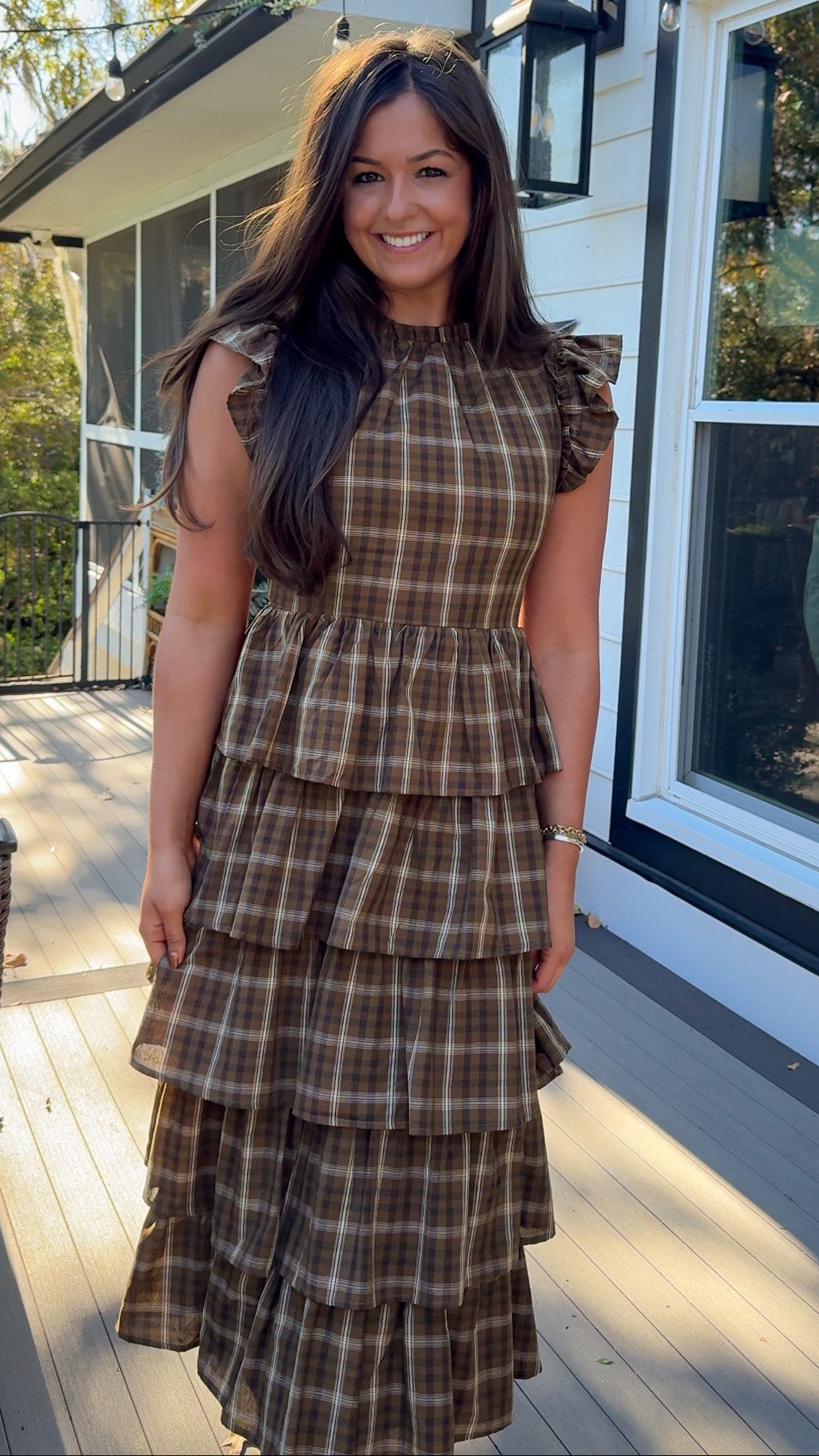 brown plaid ruffle midi dress with flutter sleeves and ruffle collar front