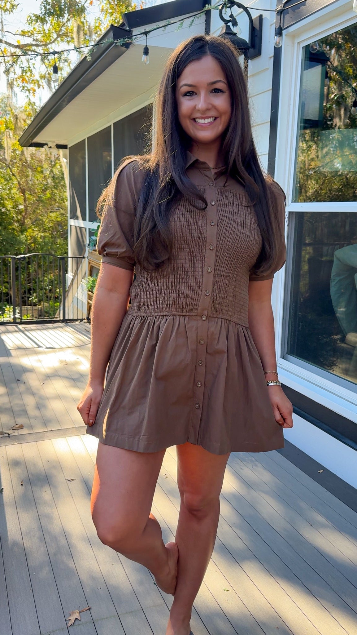 brown drop waist smocked mini dress front