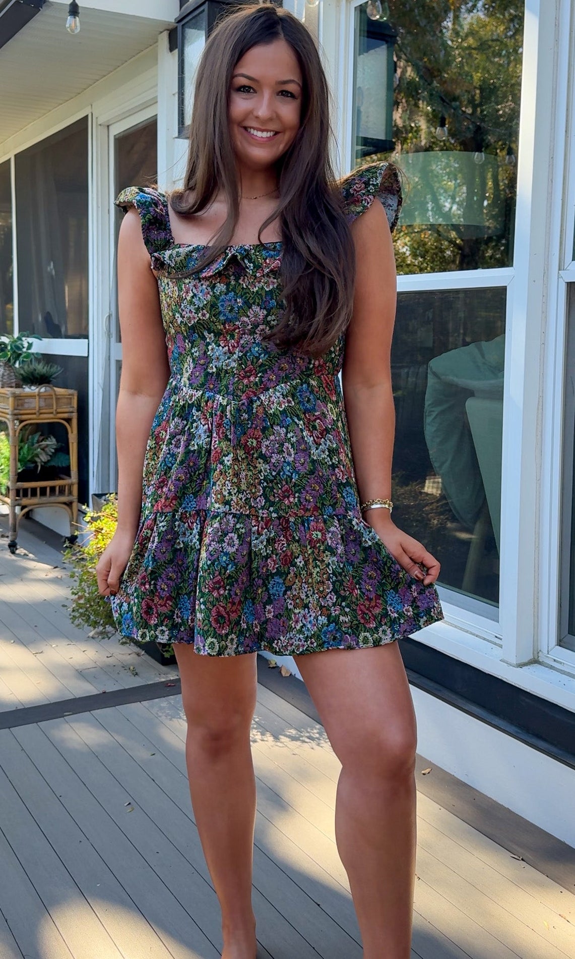 floral jaquard mini dress with ruffle and flutter sleeve front 3