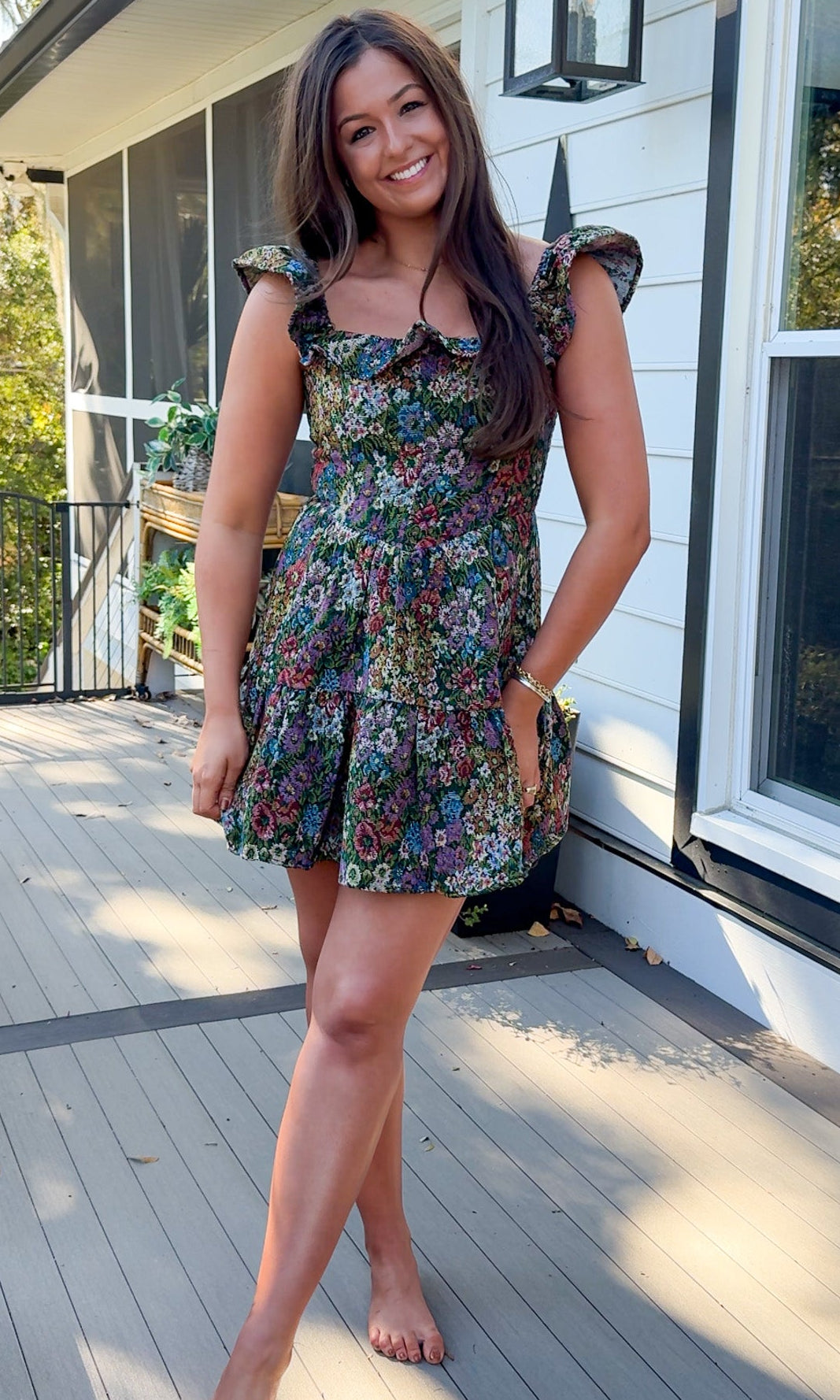 floral jaquard mini dress with ruffle and flutter sleeve front 4