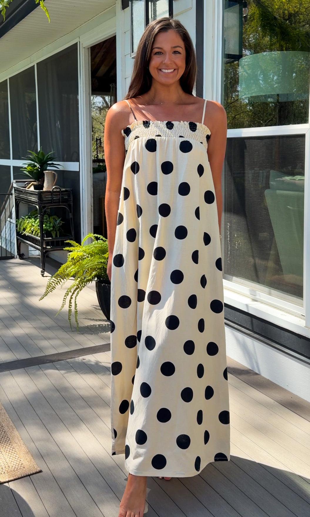 cream and black polka dot maxi dress