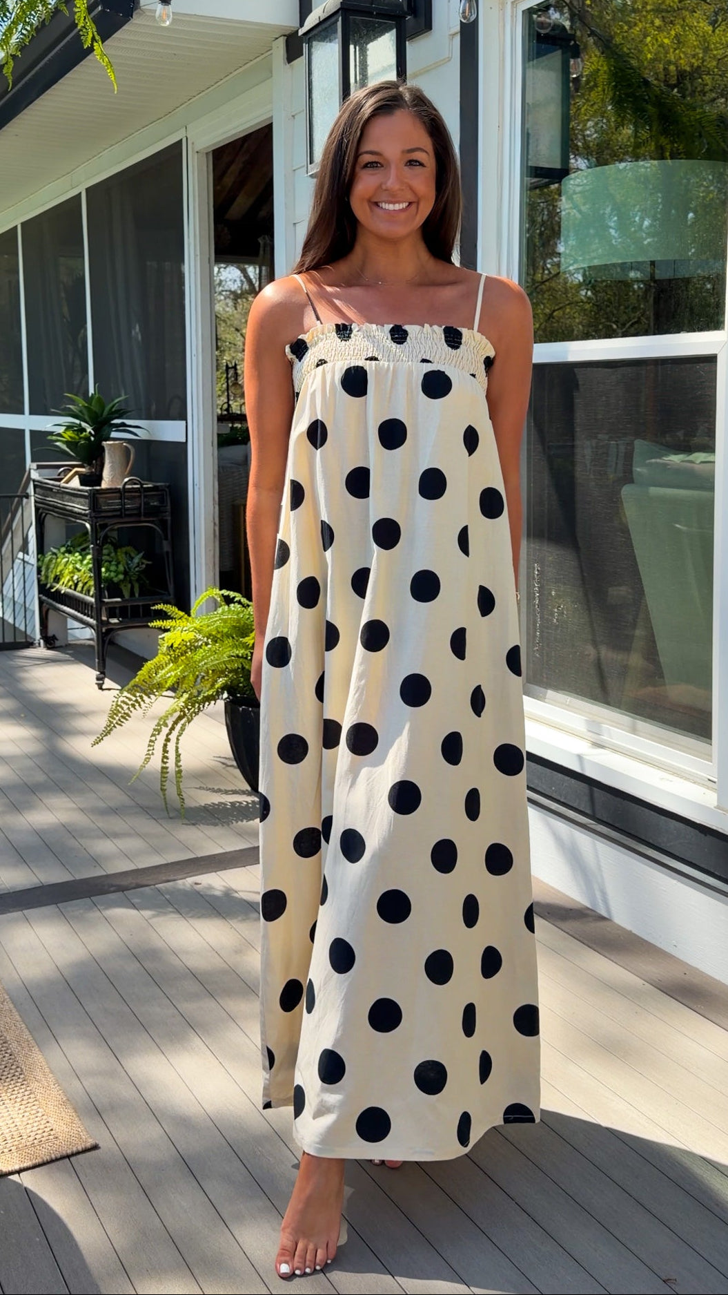 cream and black polka dot maxi dress