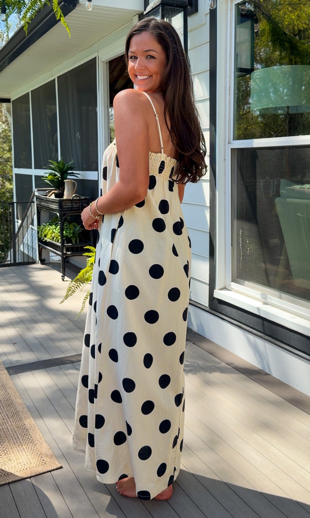 cream and black polka dot maxi dress