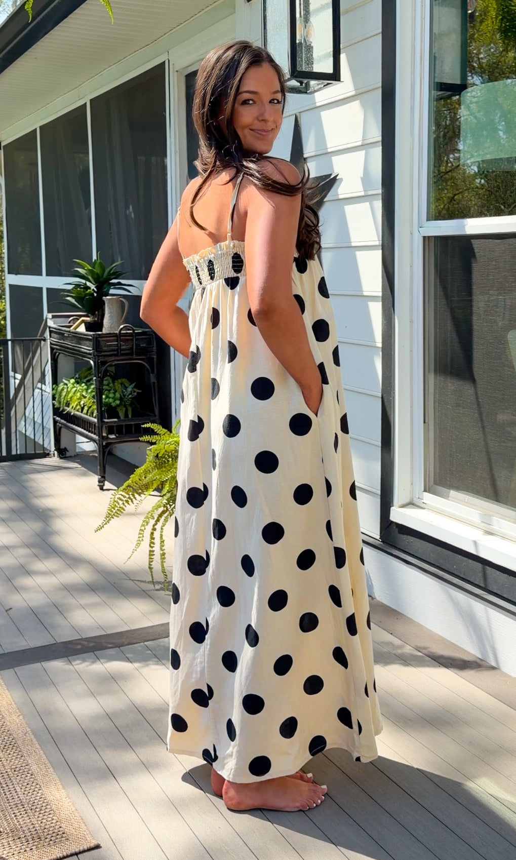 cream and black polka dot maxi dress