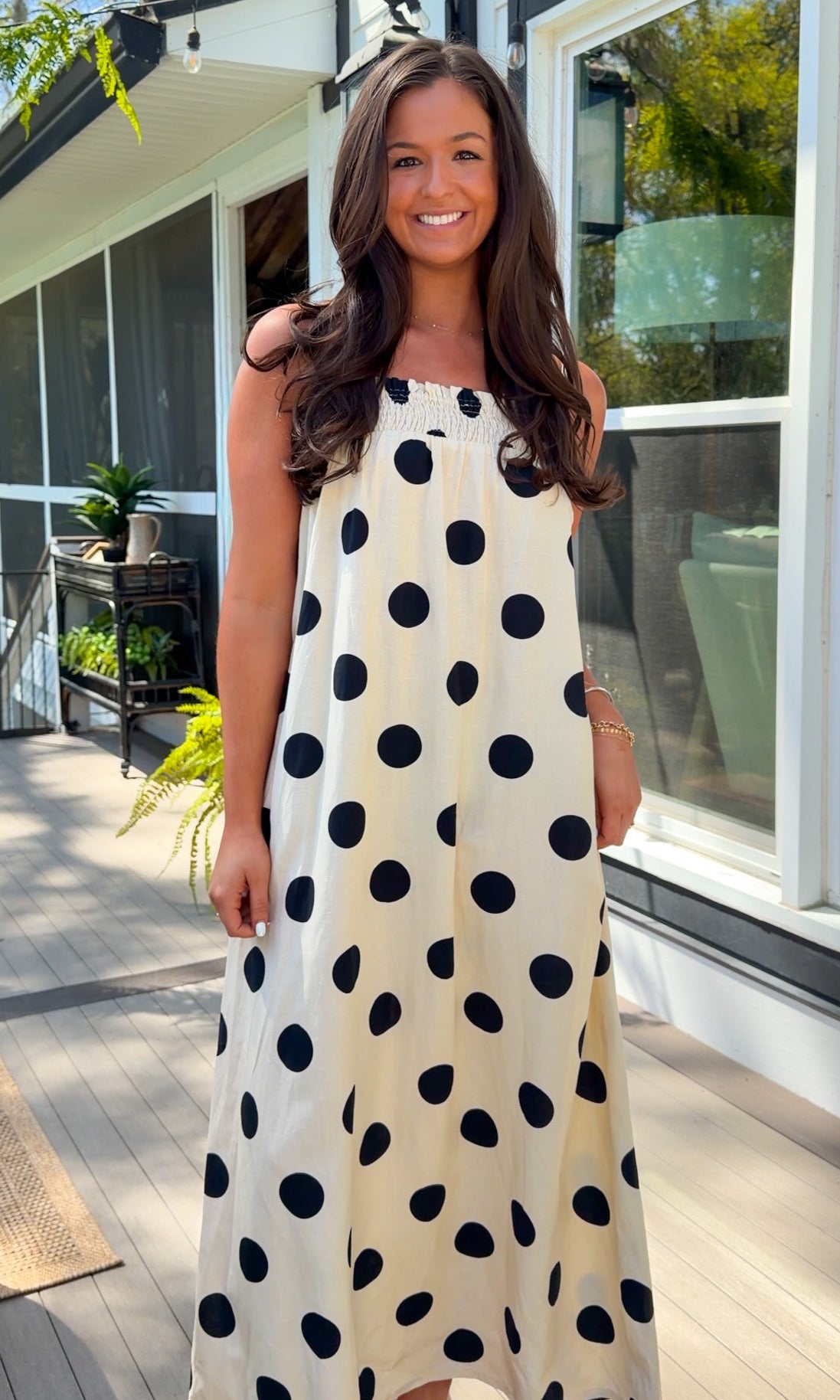 cream and black polka dot maxi dress
