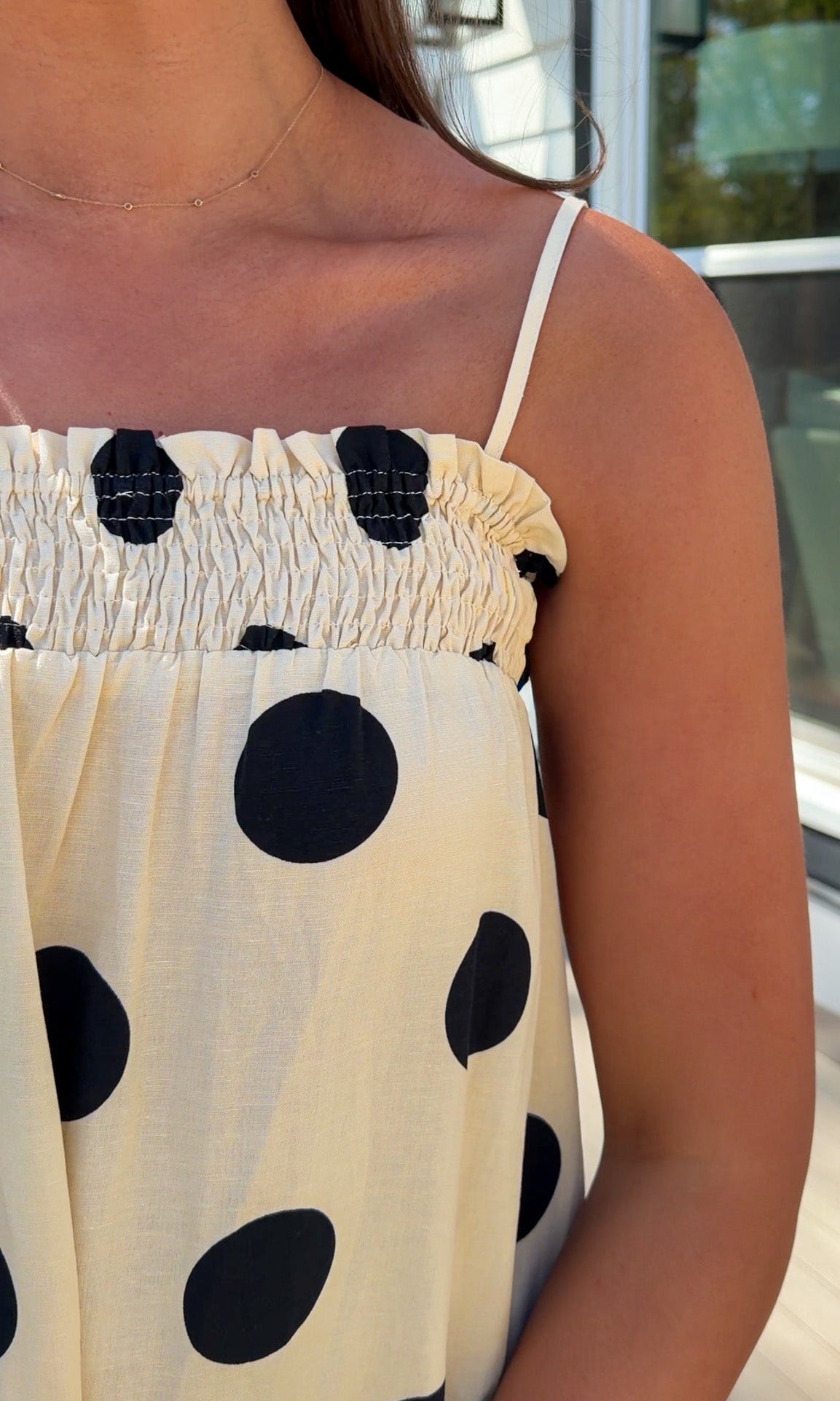 cream and black polka dot maxi dress
