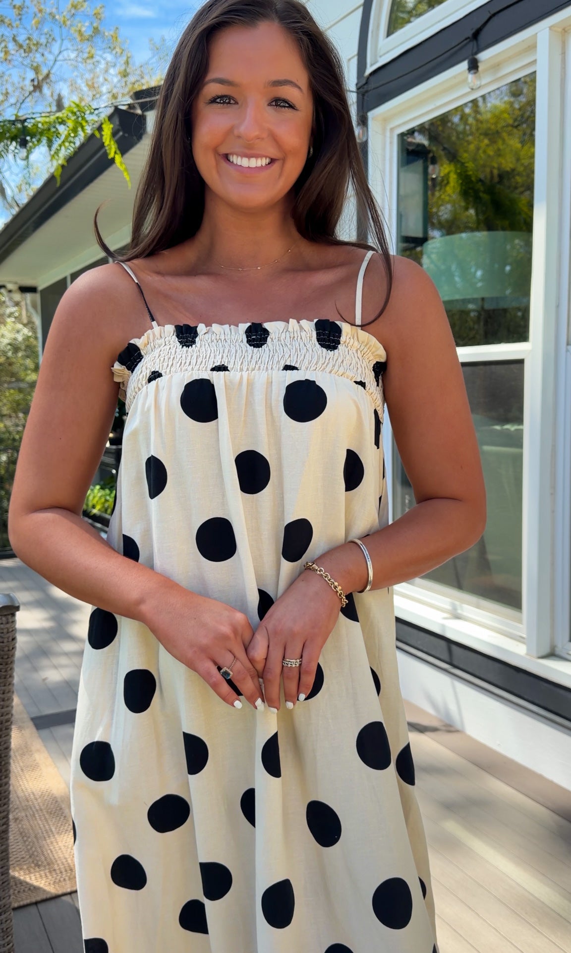 cream and black polka dot maxi dress