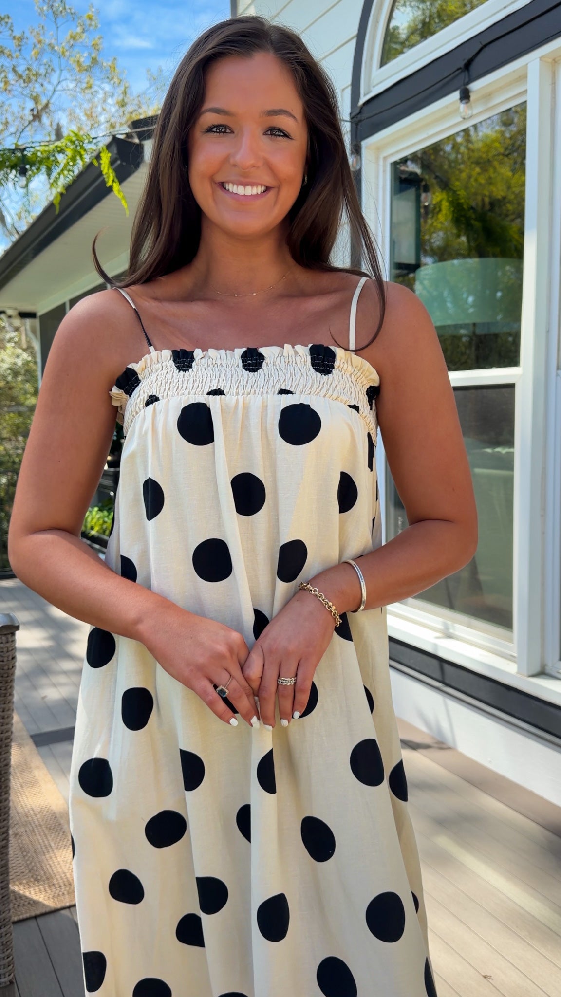 cream and black polka dot maxi dress