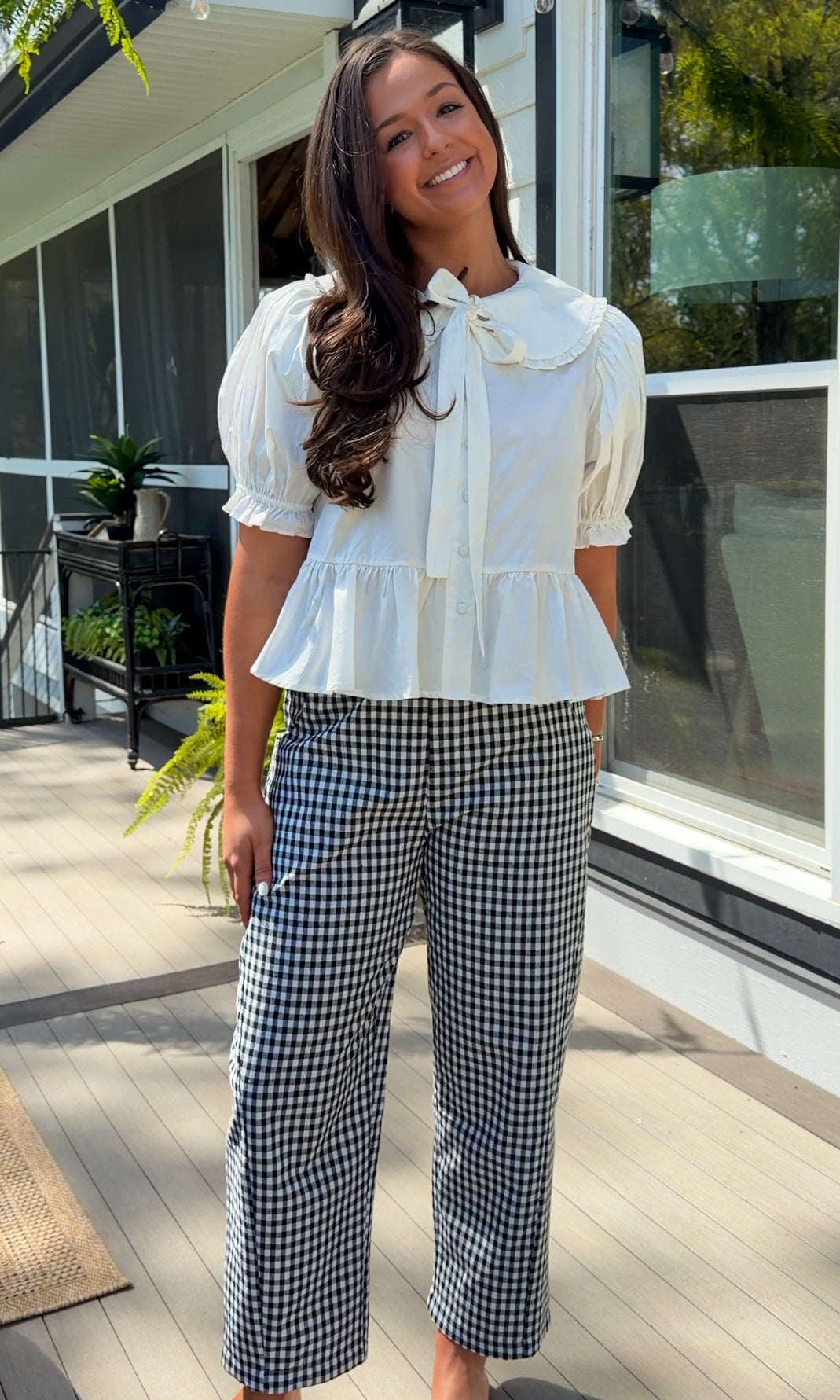 black and white gingham relaxed fit pants with elastic waistband and straight leg