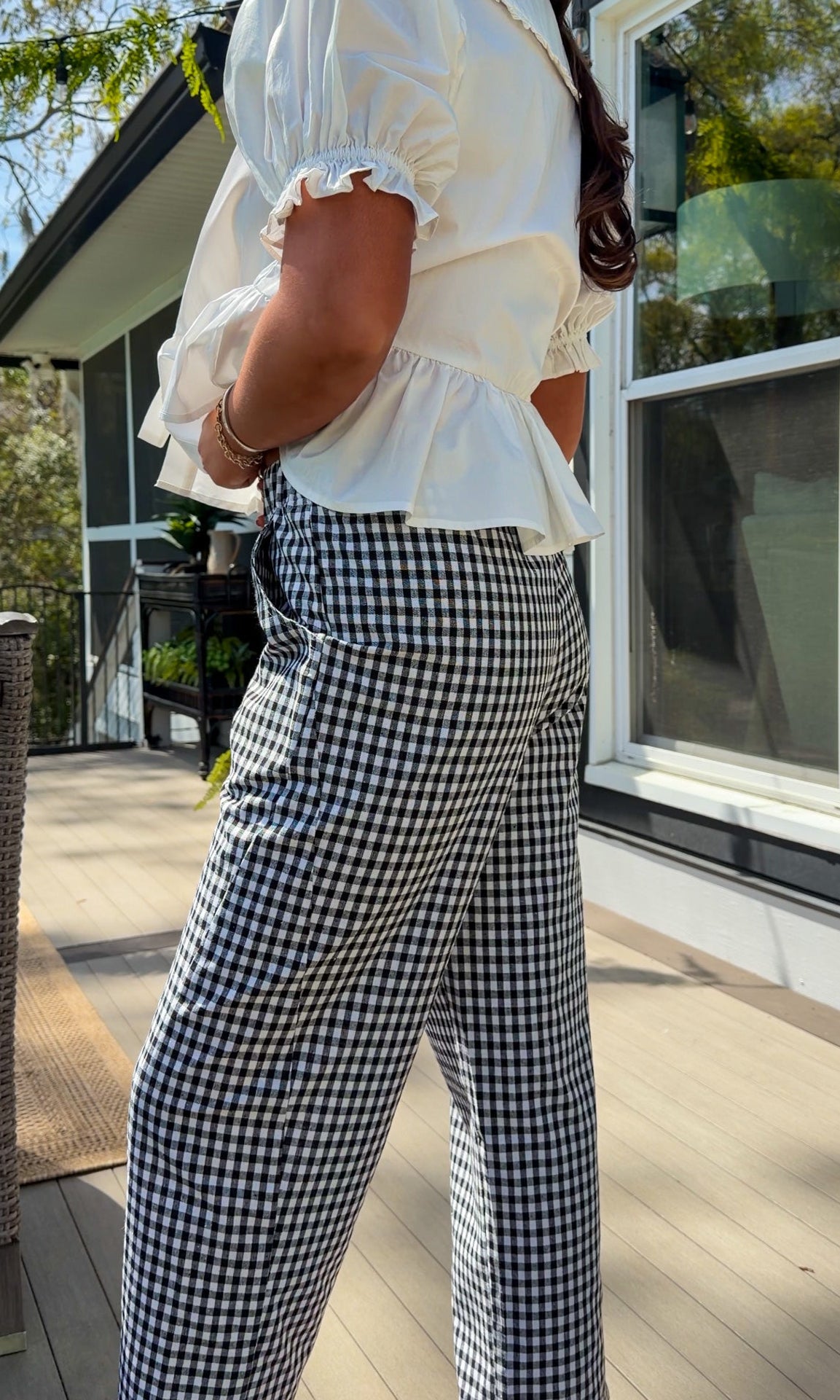 black and white gingham relaxed fit pants with elastic waistband and straight leg