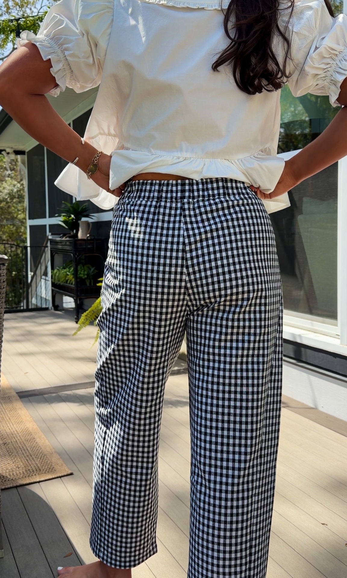 black and white gingham relaxed fit pants with elastic waistband and straight leg
