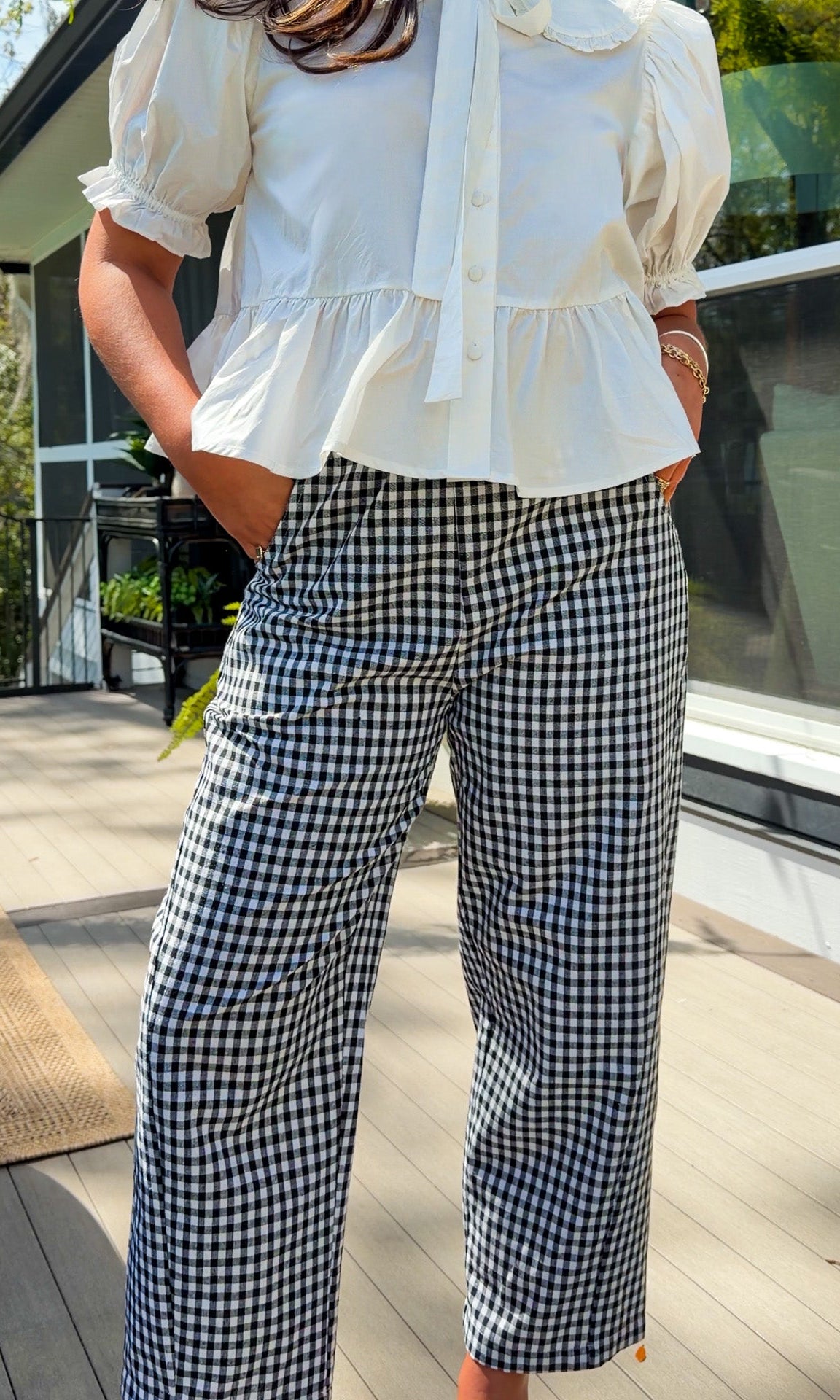 black and white gingham relaxed fit pants with elastic waistband and straight leg