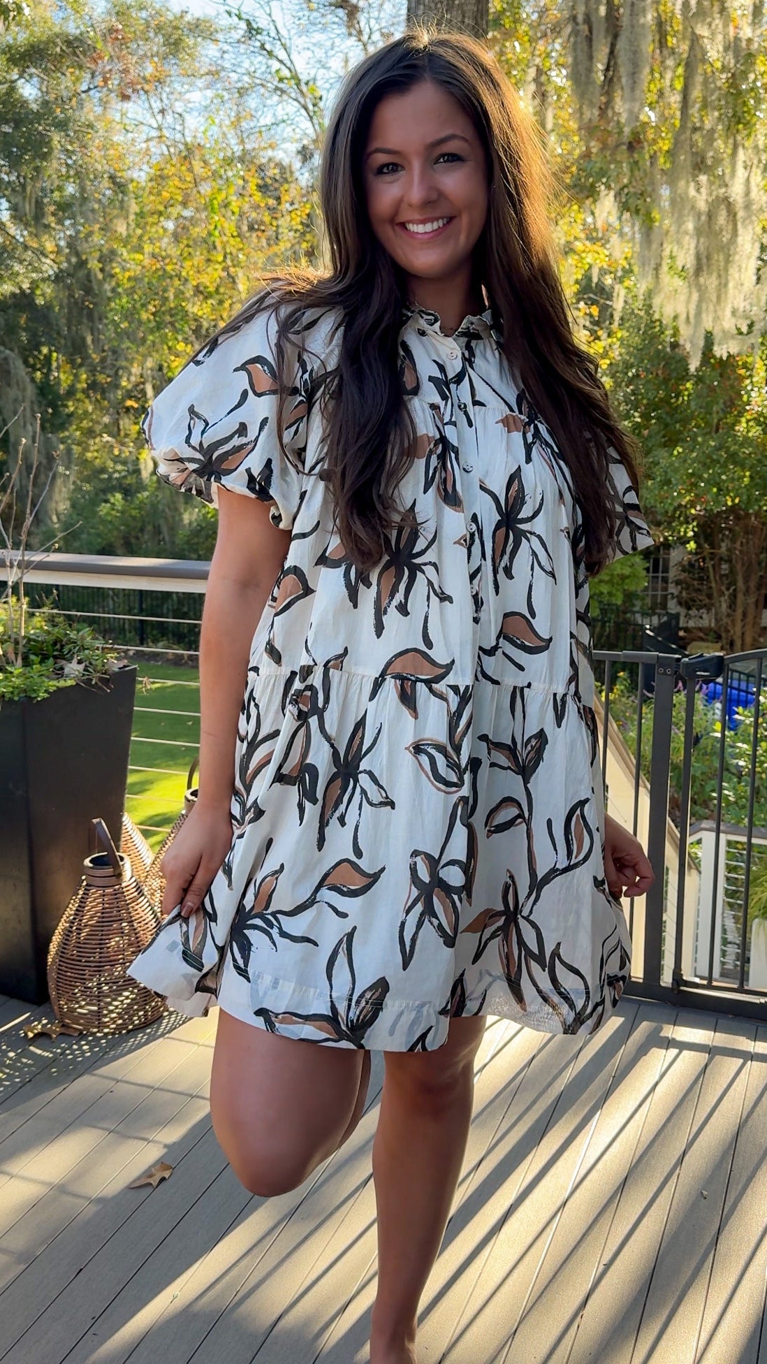 floral dress collared cream white and brown floral design button down closure and puff sleeves 2