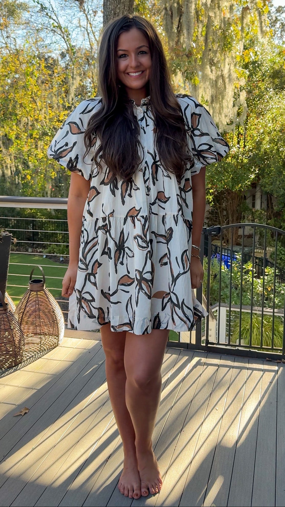 floral dress collared cream white and brown floral design button down closure and puff sleeves