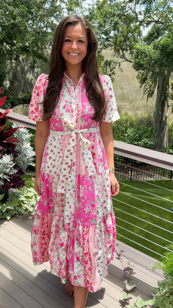 Maisie Pink Floral Patchwork Midi Dress