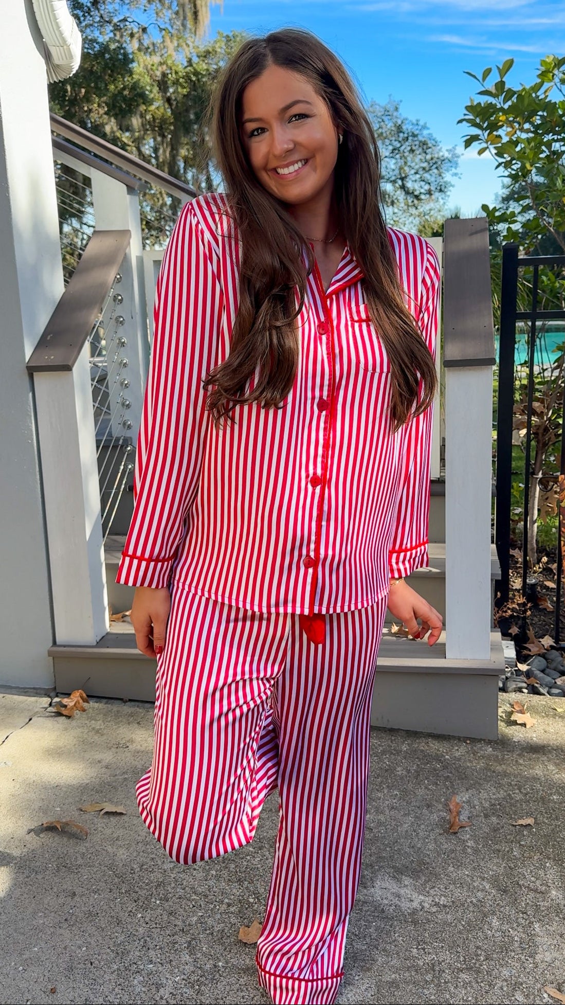 satin red stripe christmas pajama set with red velvet details and belt pant set button down closure long sleeve 1
