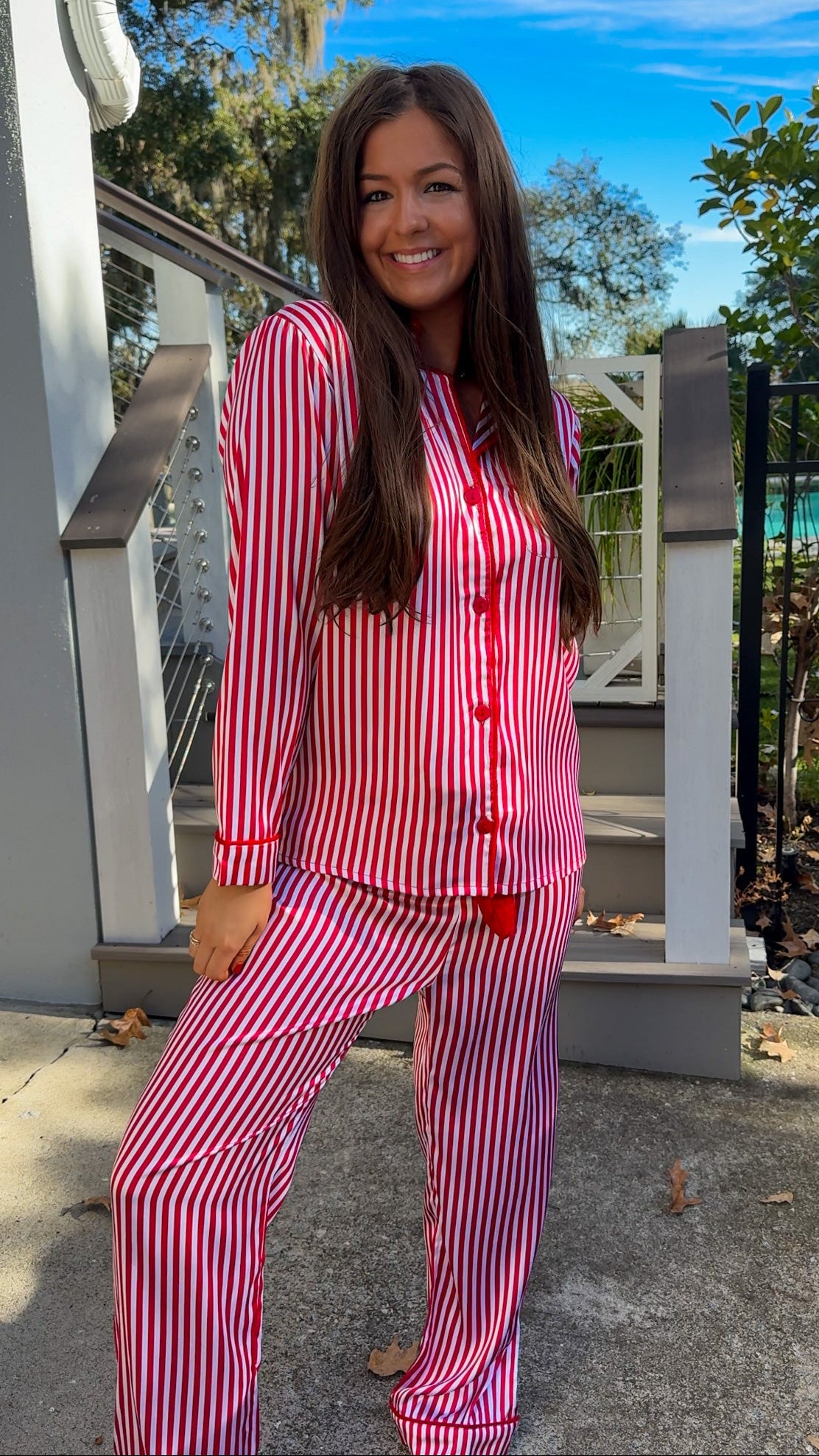 satin red stripe christmas pajama set with red velvet details and belt pant set button down closure long sleeve front-side