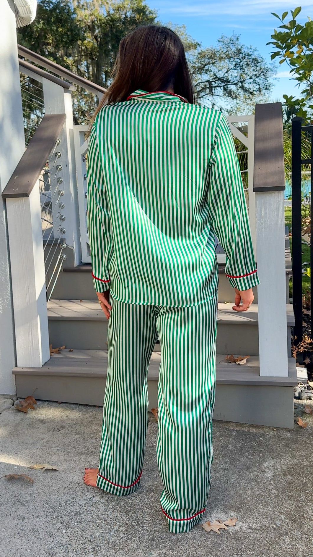 satin green stripe christmas pajama set with red velvet details and belt pant set button down closure long sleeve back