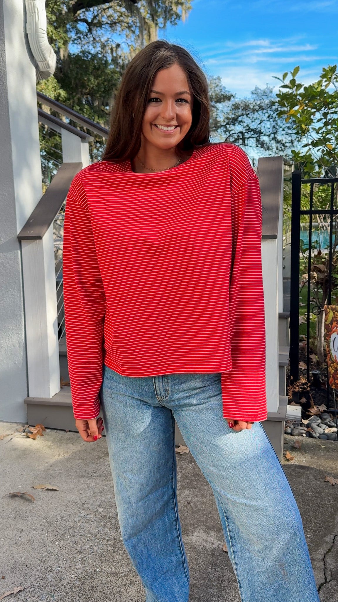 red and white stripe long sleeve top casual top front
