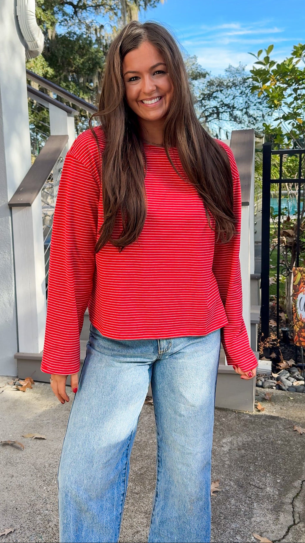 red and white stripe long sleeve top casual top front 3