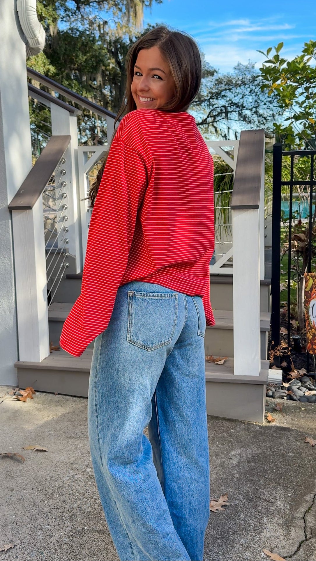 red and white stripe long sleeve top casual top side