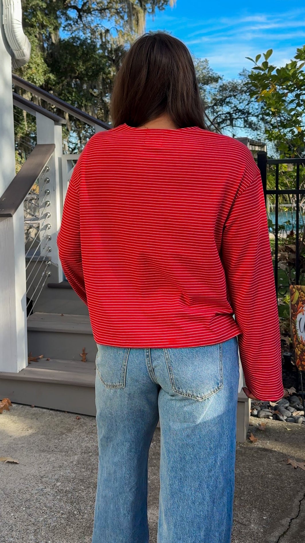 red and white stripe long sleeve top casual top back