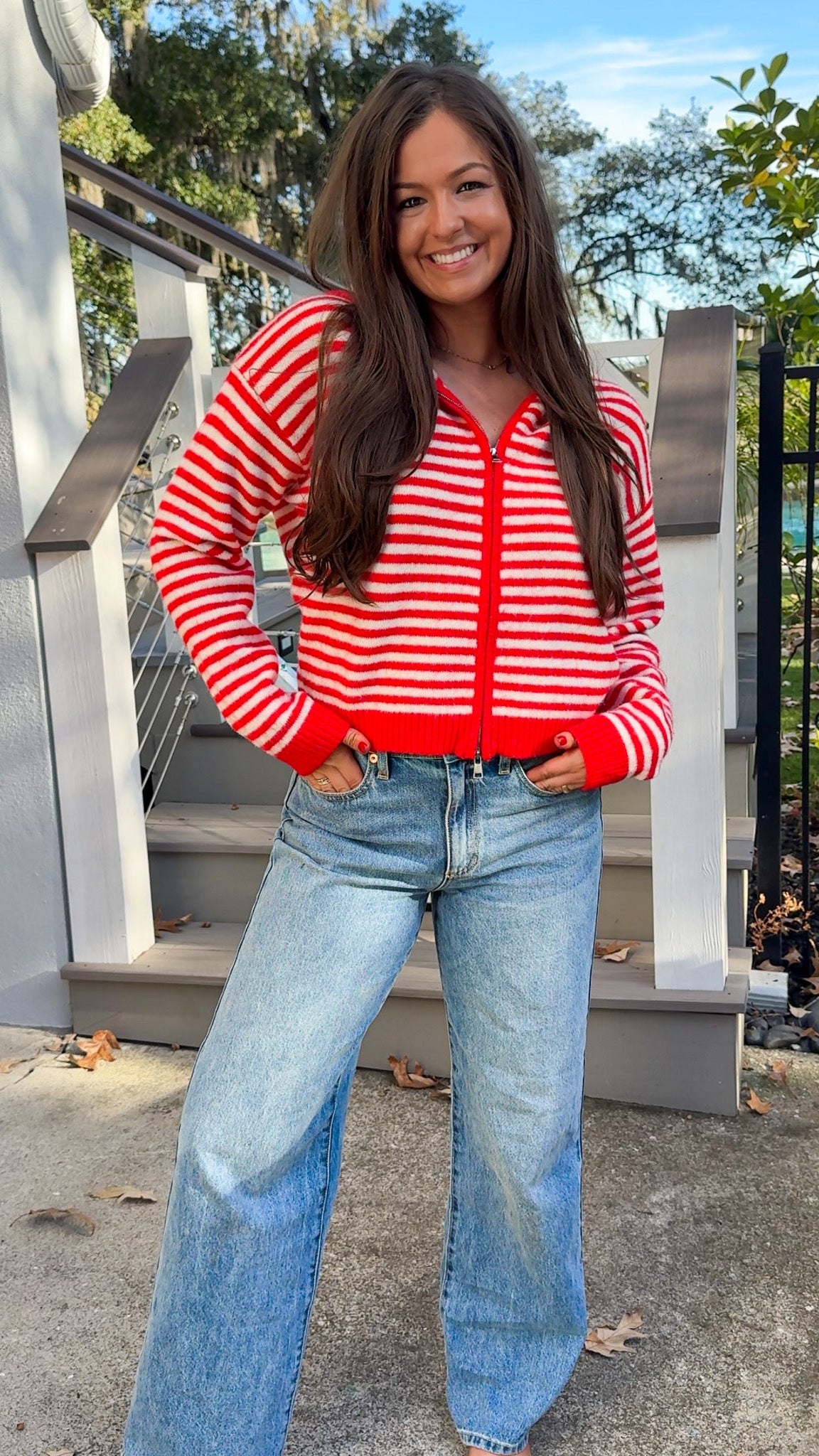 red and white stripe zip up sweater with hood long sleeve top