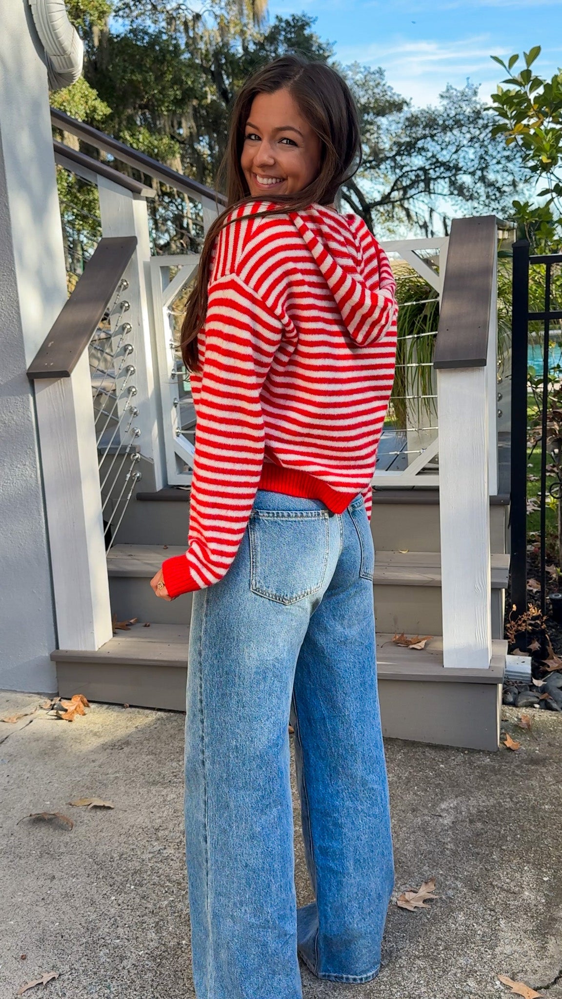 red and white stripe zip up sweater with hood long sleeve top side