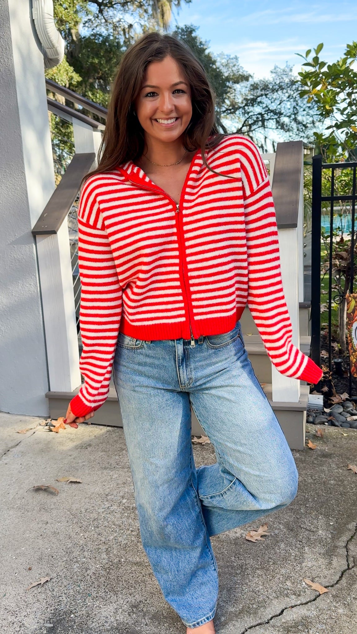 red and white stripe zip up sweater with hood long sleeve top 3