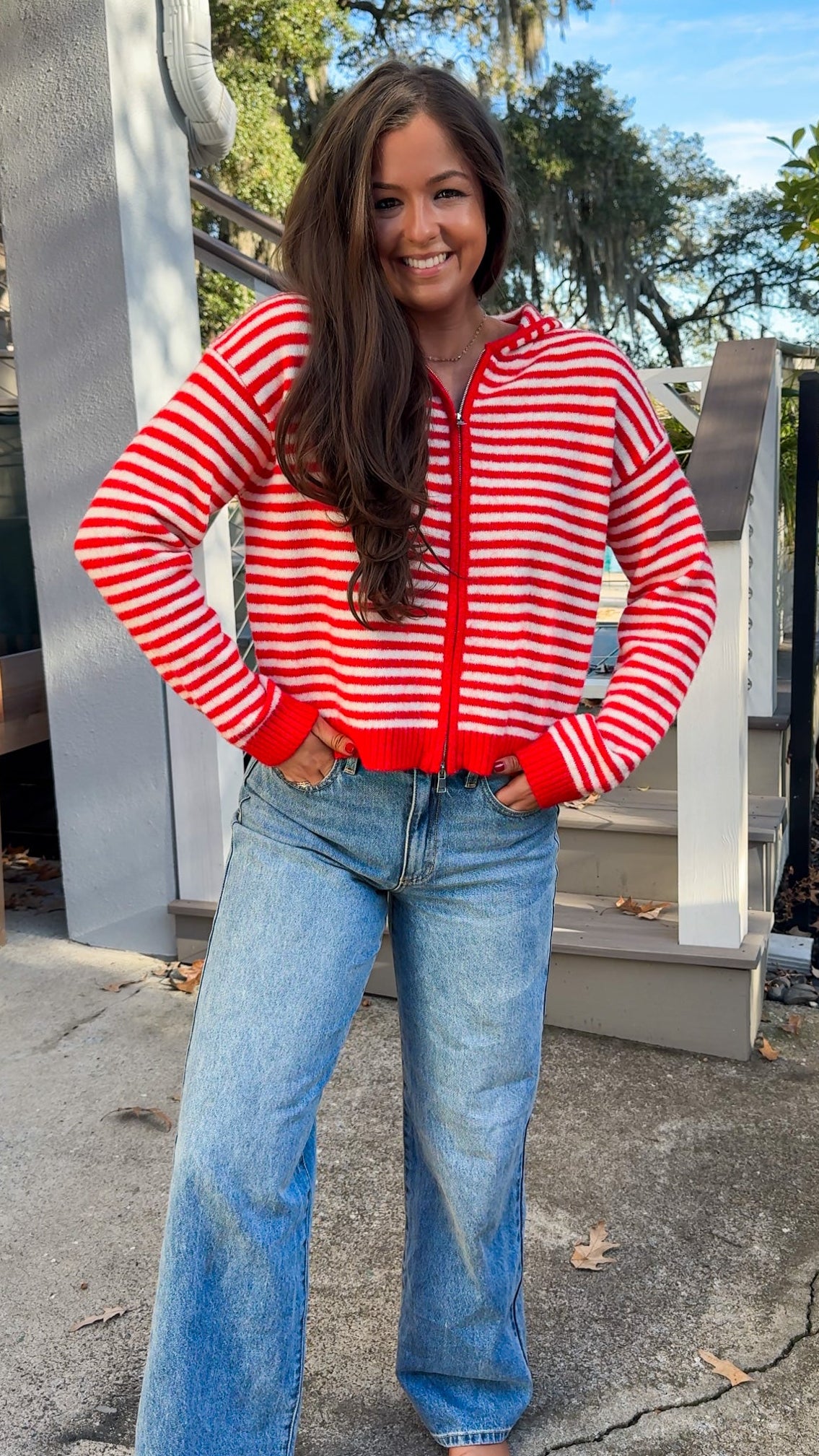 red stripe zip up sweater cardigan with hood long sleeve