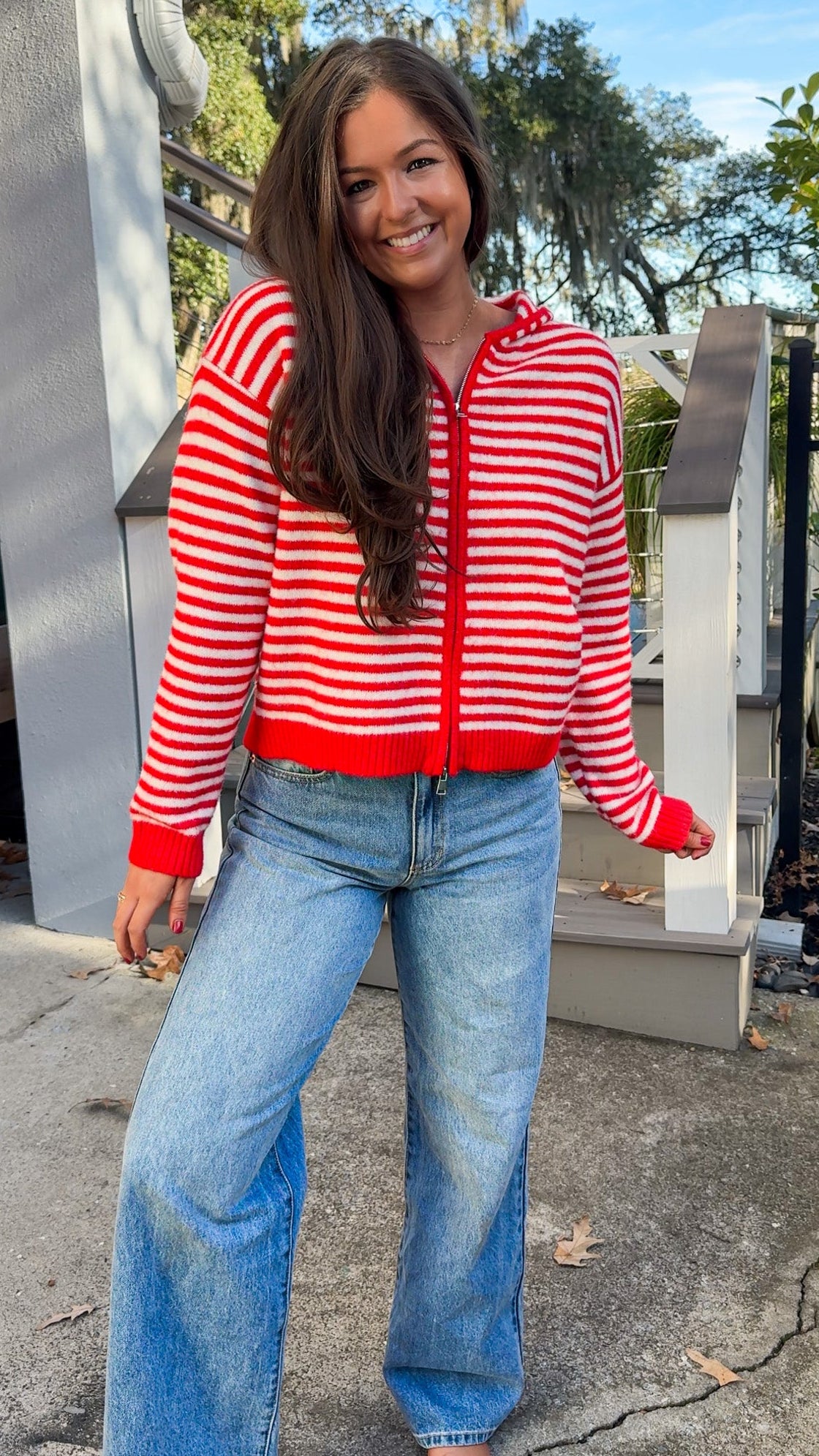 red stripe zip up sweater cardigan with hood long sleeve 3