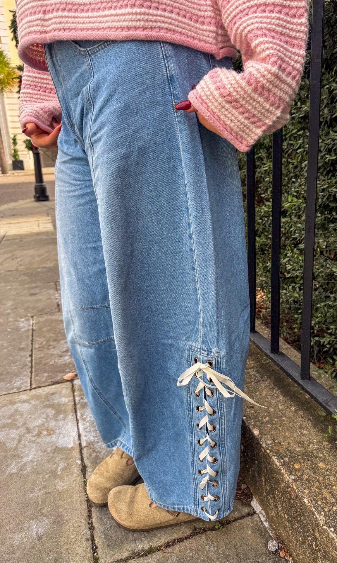 denim barrel jeans lace up side detail