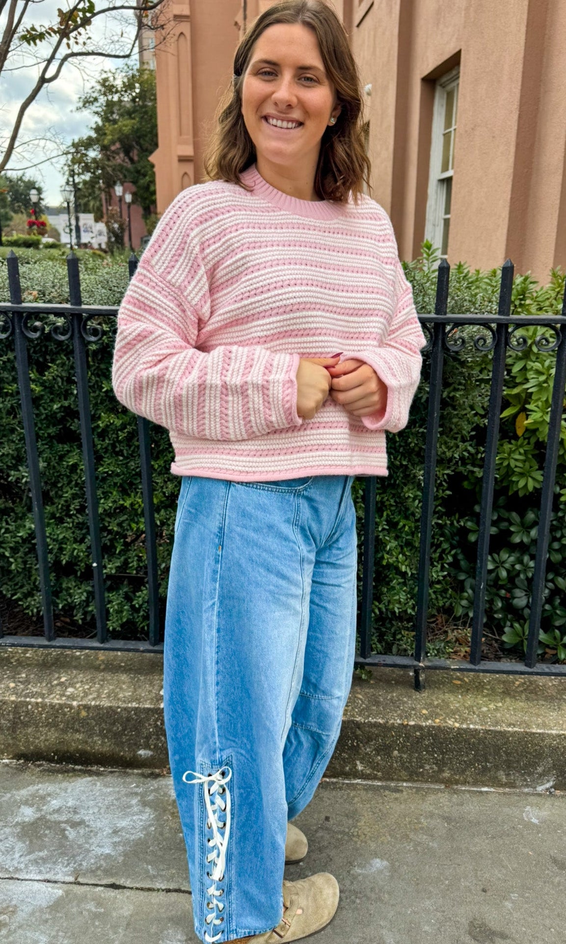 denim barrel jeans lace up side detail