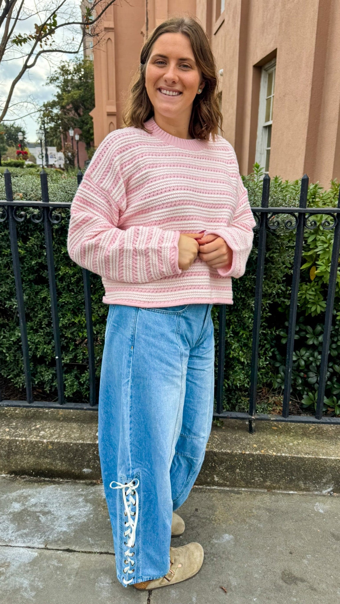 denim barrel jeans lace up side detail