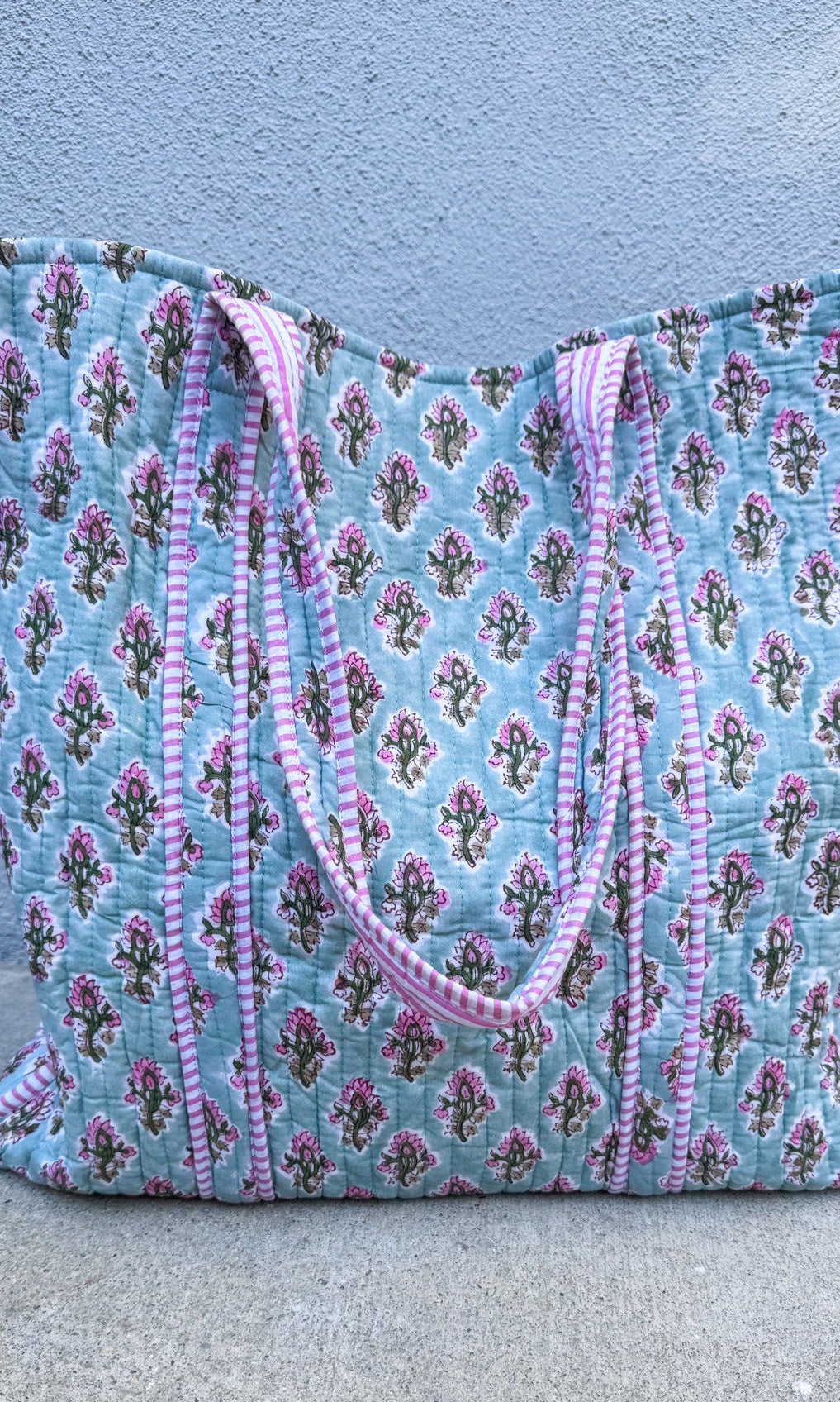 teal pink quilted block print tote bag