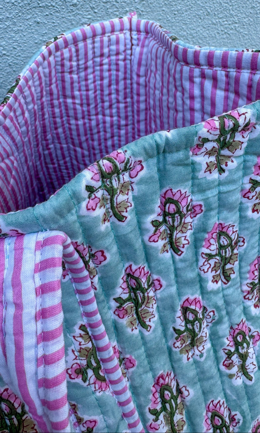 teal pink quilted block print tote bag